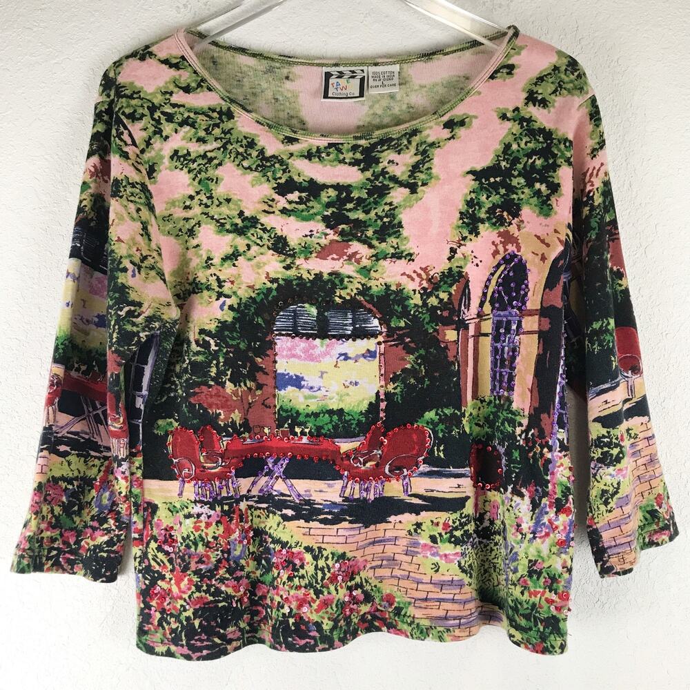 Vintage 90s Y2K Art to Wear Vine Patio Scenic Bead Sequin Top Cotton Size L